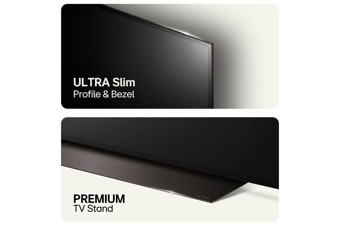 LG 83'' OLED evo AI C4 - 4K TV (2024), Kuva ylhäältä erittäin ohuesta profiilista ja kehyksestä sekä alaosasta ensiluokkaisesta TV-jalustasta, OLED83C44LA, thumbnail 6