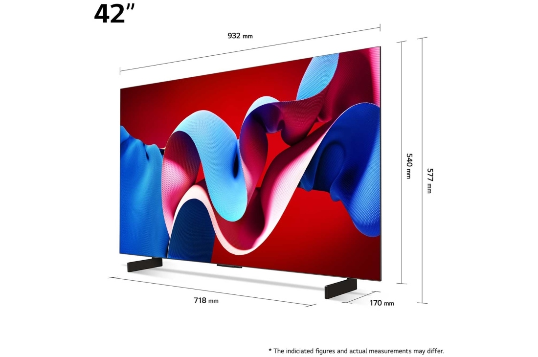 LG 42'' OLED evo AI C4 - 4K TV (2024), Kokoyhteenveto näytön leveydestä, korkeudesta, kokonaiskorkeudesta jalustan kanssa, jalustan leveydestä ja jalustan syvyydestä, OLED42C44LA, thumbnail 5