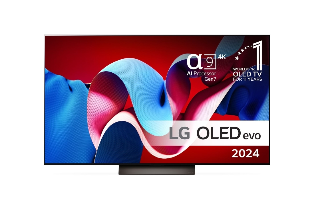 LG 55'' OLED evo C4 - 4K TV (2024), Edestäpäin katsottuna LG OLED evo TV, OLED C4, 11 Years of World Number 1 OLED Emblem ja alpha 9 4K AI processor Gen7 logo., OLED55C44LA
