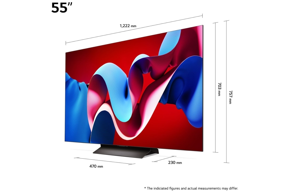 LG 55'' OLED evo AI C4 - 4K TV (2024), Kokoyhteenveto näytön leveydestä, korkeudesta, kokonaiskorkeudesta jalustan kanssa, jalustan leveydestä ja jalustan syvyydestä, OLED55C44LA, thumbnail 5