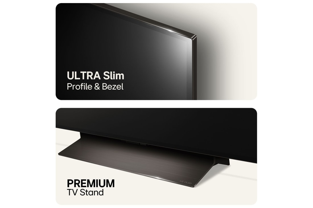 LG 55'' OLED evo AI C4 - 4K TV (2024), Kuva ylhäältä erittäin ohuesta profiilista ja kehyksestä sekä alaosasta ensiluokkaisesta TV-jalustasta, OLED55C44LA, thumbnail 6