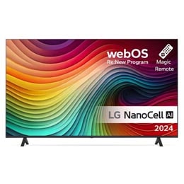 LG NanoCell TV:n etunäkymä, NANO81, jossa on teksti LG NanoCell, 2024, webOS Re:New Program -logo ja Magic Remote -kaukosäädin näytöllä2