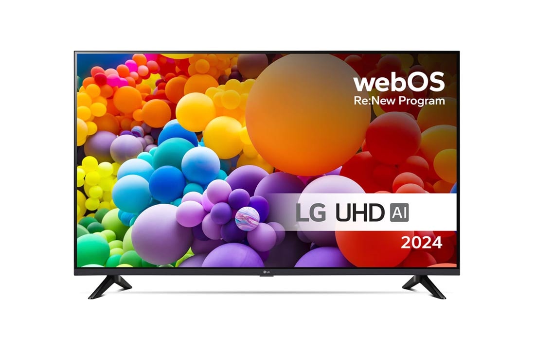LG 65'' UHD AI UT73 - 4K TV (2024), Edestä otettu kuva LG UHD TV, UT73 -televisiosta ja teksti LG UHD AI ThinQ, 2024 sekä webOS Re:New Program -logo näytöllä, 65UT73006LA