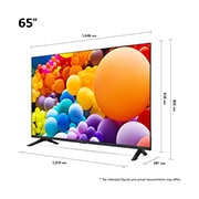 LG 65'' UHD AI UT73 - 4K TV (2024), Kokoyhteenveto näytön leveydestä, korkeudesta, kokonaiskorkeudesta jalustan kanssa, jalustan leveydestä ja jalustan syvyydestä, 65UT73006LA, thumbnail 2