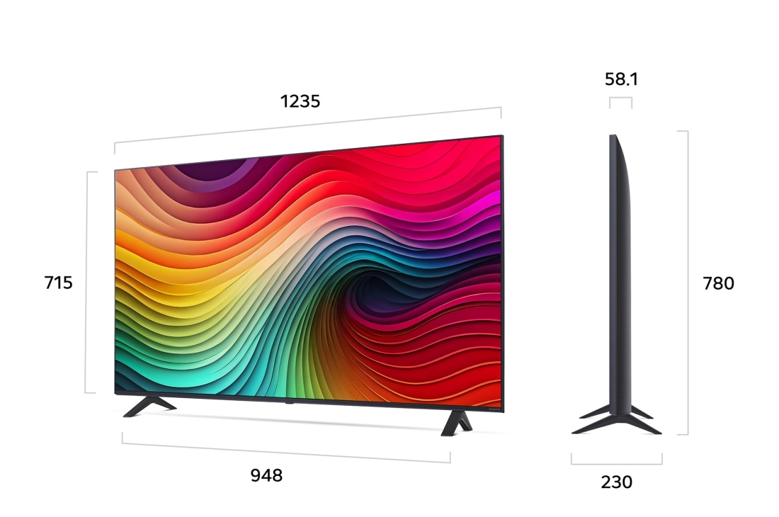 LG 55'' NANO 81 - NanoCell AI 4K Smart TV (2024), Kokoyhteenveto näytön leveydestä, korkeudesta, kokonaiskorkeudesta jalustan kanssa, jalustan leveydestä ja jalustan syvyydestä, 55NANO81T6A, thumbnail 2