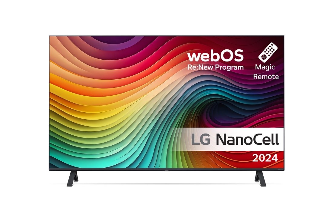 LG 43'' NANO 81 - NanoCell 4K Smart TV (2024), LG NanoCell TV:n etunäkymä, NANO81, jossa on teksti LG NanoCell, 2024, webOS Re:New Program -logo ja Magic Remote -kaukosäädin näytöllä, 43NANO81T6A
