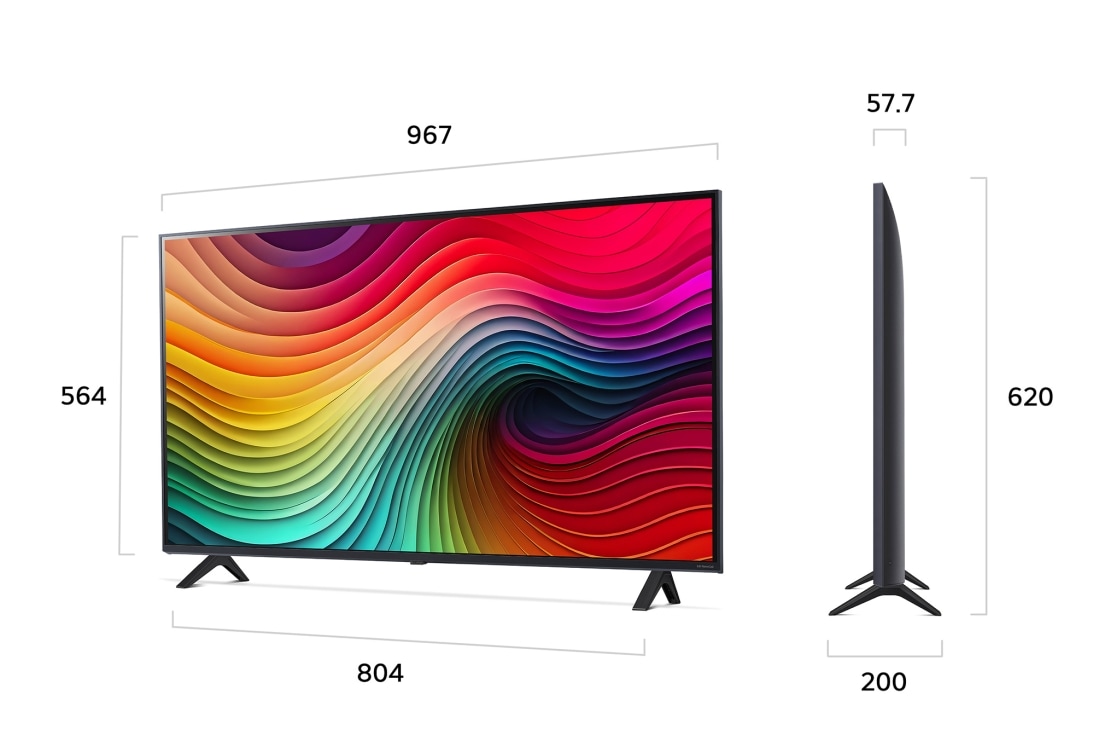 LG 43'' NANO 81 - NanoCell AI 4K Smart TV (2024), Kokoyhteenveto näytön leveydestä, korkeudesta, kokonaiskorkeudesta jalustan kanssa, jalustan leveydestä ja jalustan syvyydestä, 43NANO81T6A, thumbnail 2