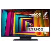 LG 43'' UHD AI UT91 - 4K TV (2024), Edestä otettu kuva LG UHD TV, UT91 -televisiosta ja teksti LG UHD AI ThinQ, 2024 sekä webOS Re:New Program -logo näytöllä, 43UT91006LA, thumbnail 1