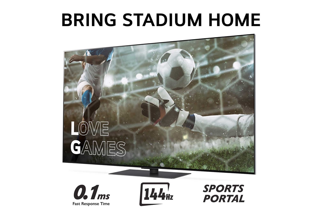LG 65'' OLED evo AI G4 - 4K TV (2024), Tuo Stadium Home kotiin televisiolla, jossa on jalkapallokuva Love Games -peleistä ja nopea 0,1 mz:n vasteaika, 144 Hz, alareunassa Sports Portal, OLED65G46LS, thumbnail 3