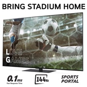 LG 65'' OLED evo AI G4 - 4K TV (2024), Tuo Stadium Home kotiin televisiolla, jossa on jalkapallokuva Love Games -peleistä ja nopea 0,1 mz:n vasteaika, 144 Hz, alareunassa Sports Portal, OLED65G46LS, thumbnail 3