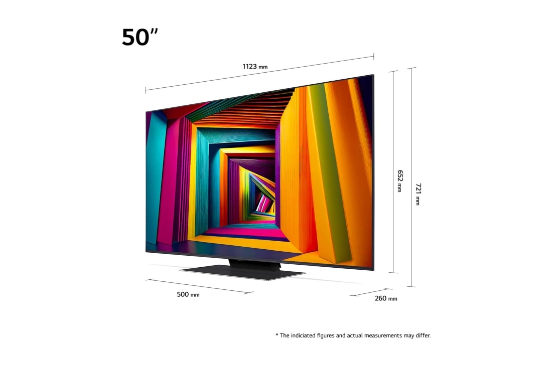 LG 50'' UHD AI UT91 - 4K TV (2024), Kokoyhteenveto näytön leveydestä, korkeudesta, kokonaiskorkeudesta jalustan kanssa, jalustan leveydestä ja jalustan syvyydestä, 50UT91006LA, thumbnail 2