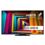 LG 55'' UHD AI UT91 - 4K TV (2024), Edestä otettu kuva LG UHD TV, UT91 -televisiosta ja teksti LG UHD AI ThinQ, 2024 sekä webOS Re:New Program -logo näytöllä, 55UT91006LA, thumbnail 1
