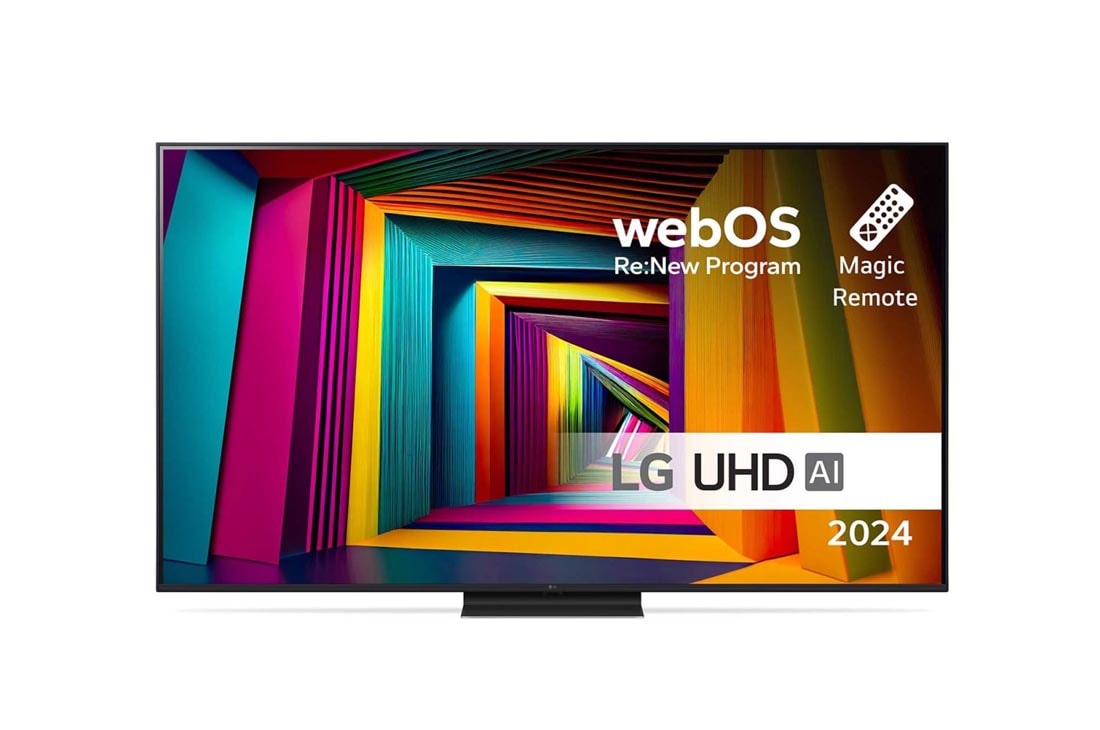 LG 65'' UHD AI UT91 - 4K TV (2024), Edestä otettu kuva LG UHD TV, UT91 -televisiosta ja teksti LG UHD AI ThinQ, 2024 sekä webOS Re:New Program -logo näytöllä, 65UT91006LA