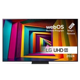 Edestä otettu kuva LG UHD TV, UT91 -televisiosta ja teksti LG UHD AI ThinQ, 2024 sekä webOS Re:New Program -logo näytöllä2