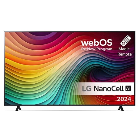 LG NanoCell TV:n etunäkymä, NANO81, jossa on teksti LG NanoCell, 2024, webOS Re:New Program -logo ja Magic Remote -kaukosäädin näytöllä2