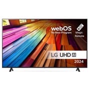 LG 65 tuuman LG UHD AI UT80 4K -Smart TV 2024, Edestä otettu kuva LG UHD TV, UT81 -televisiosta ja teksti LG UHD AI ThinQ, 2024 sekä webOS Re:New Program -logo näytöllä, 65UT80006LA, thumbnail 1