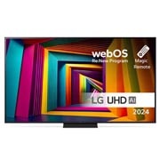 LG 75'' UHD AI UT91 - 4K TV (2024), Edestä otettu kuva LG UHD TV, UT91 -televisiosta ja teksti LG UHD AI ThinQ, 2024 sekä webOS Re:New Program -logo näytöllä, 75UT91006LA, thumbnail 1