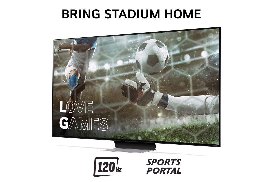 LG 75'' QNED 91 - QNED Mini LED 4K Smart TV (2024), Bring Stadium Home ja televisio, jossa on jalkapallokuva Love Games -peleistä ja 120 Hz:n taajuudella, alareunassa Sports Portal, 75QNED91T6A, thumbnail 3