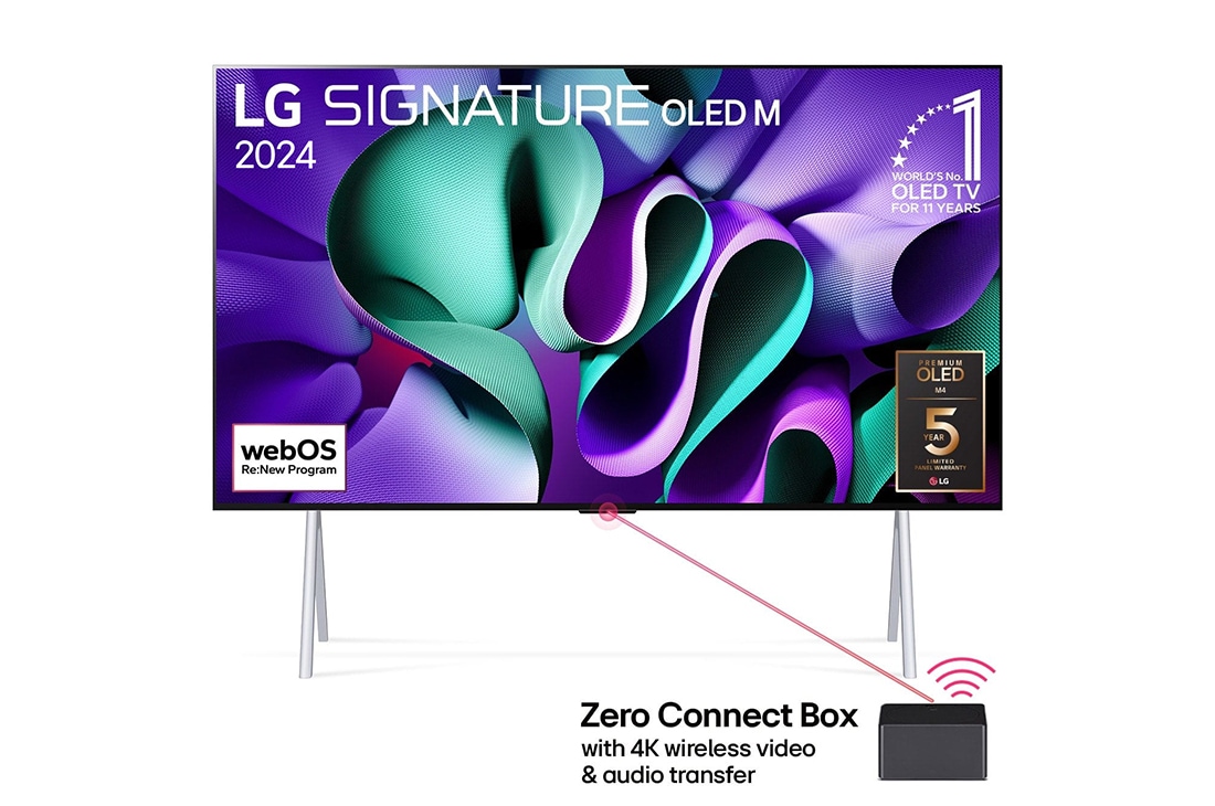 LG 97 tuuman True Wireless LG SIGNATURE OLED M4 -televisio langattomalla 4K 120Hz videon- ja äänensiirrolla , Etunäkymä, jossa on LG OLED M4 tv-tasolla ja sen alapuolella Zero Connect Box, ja näytöllä 11 Years of world number 1 OLED -merkki (11 vuotta maailman ykkös-OLED), webOS Re:New Program -logo sekä 5-Ye, OLED97M49LA