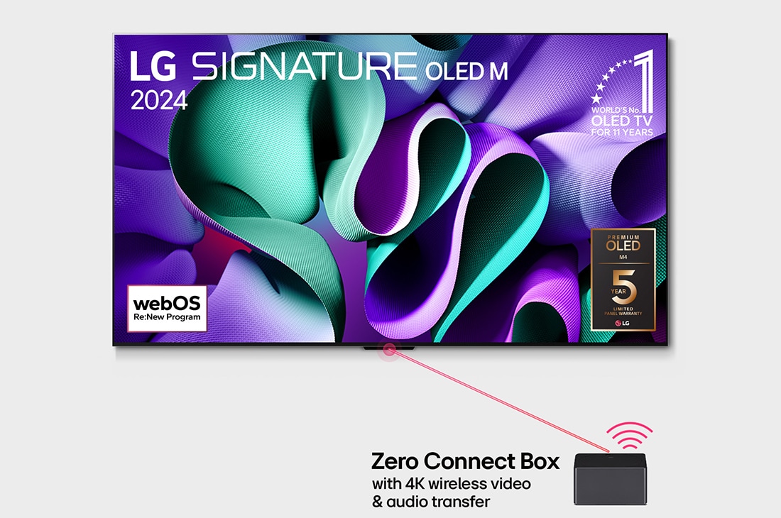 LG 97 tuuman True Wireless LG SIGNATURE OLED M4 -televisio langattomalla 4K 120Hz videon- ja äänensiirrolla , Etunäkymä, jossa on LG OLED M4 tv-tasolla ja sen alapuolella Zero Connect Box, ja näytöllä 11 Years of world number 1 OLED -merkki (11 vuotta maailman ykkös-OLED), webOS Re:New Program -logo sekä 5-Ye, OLED97M49LA, thumbnail 2