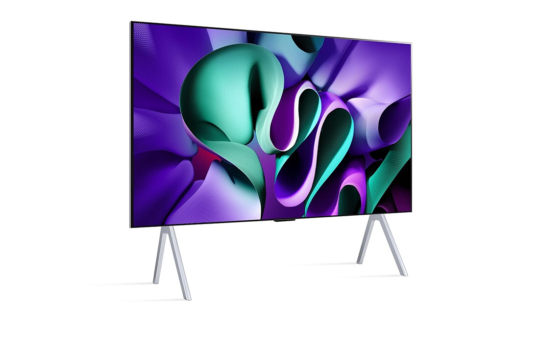 LG 97 tuuman True Wireless LG SIGNATURE OLED M4 -televisio langattomalla 4K 120Hz videon- ja äänensiirrolla , Hieman kallistettu, oikealta puolelta otettu kuva tv-tasolle asennetusta LG OLED M4 -laitteesta, OLED97M49LA, thumbnail 5