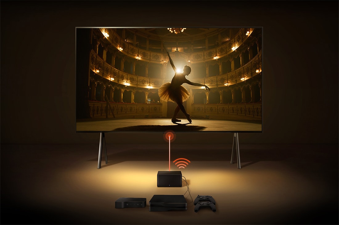 LG 97 tuuman True Wireless LG SIGNATURE OLED M4 -televisio langattomalla 4K 120Hz videon- ja äänensiirrolla , Zero Connect Box -laite LG SIGNATURE OLED M4 -laitteen edessä sekä punainen WiFi-signaali ja televisioon kohdistuva punainen säde. Televisiossa näkyy lavalla tanssiva ballerina., OLED97M49LA, thumbnail 14
