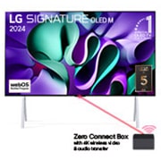 LG 97 tuuman True Wireless LG SIGNATURE OLED M4 -televisio langattomalla 4K 120Hz videon- ja äänensiirrolla , Etunäkymä, jossa on LG OLED M4 tv-tasolla ja sen alapuolella Zero Connect Box, ja näytöllä 11 Years of world number 1 OLED -merkki (11 vuotta maailman ykkös-OLED), webOS Re:New Program -logo sekä 5-Ye, OLED97M49LA, thumbnail 1