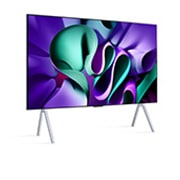 LG 97 tuuman True Wireless LG SIGNATURE OLED M4 -televisio langattomalla 4K 120Hz videon- ja äänensiirrolla , Hieman kallistettu, oikealta puolelta otettu kuva tv-tasolle asennetusta LG OLED M4 -laitteesta, OLED97M49LA, thumbnail 5