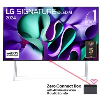 Etunäkymä, jossa on LG OLED M4 tv-tasolla ja sen alapuolella Zero Connect Box, ja näytöllä 11 Years of world number 1 OLED -merkki (11 vuotta maailman ykkös-OLED), webOS Re:New Program -logo sekä 5-Ye1