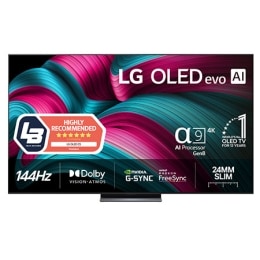 Edestä otettu kuva LG OLED evo AI C5E 4K -älytelevisiosta. 12 vuotta maailman numero 1 OLED -tunnus ja LG OLED evo AI 2025 -logo ovat näytöllä.2