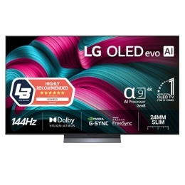 Front view of LG OLED evo AI C5 4K Smart TV. 12 Years of world number 1 OLED emblem and LG OLED evo AI 2025 logo are on the screen.