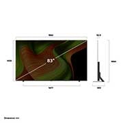 LG 83'' OLED AI B5 4K Smart TV 2025, Edestä ja sivulta otetut kuvat LG OLED AI B5 4K -älytelevisiosta, joista näkyy sen pituus, leveys, korkeus ja syvyys., OLED83B56LA, thumbnail 4