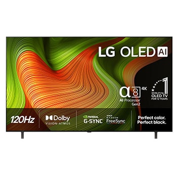 Edestä otettu kuva LG OLED AI B5 4K -älytelevisiosta. 12 vuotta maailman numero 1 OLED -tunnus ja LG OLED AI 2025 -logo ovat näytöllä.1