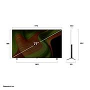 LG 77'' OLED AI B5 4K Smart TV 2025, Edestä ja sivulta otetut kuvat LG OLED AI B5 4K -älytelevisiosta, joista näkyy sen pituus, leveys, korkeus ja syvyys., OLED77B56LA, thumbnail 4