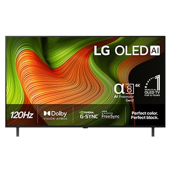 Edestä otettu kuva LG OLED AI B5 4K -älytelevisiosta. 12 vuotta maailman numero 1 OLED -tunnus ja LG OLED AI 2025 -logo ovat näytöllä.1