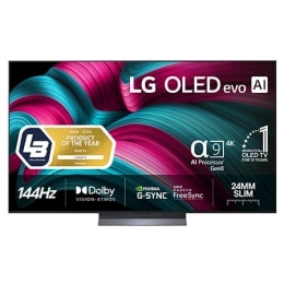 Edestä otettu kuva LG OLED evo AI C5 4K -älytelevisiosta. 12 vuotta maailman numero 1 OLED -tunnus ja LG OLED evo AI 2025 -logo ovat näytöllä.