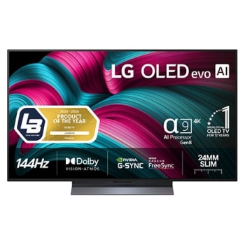 Edestä otettu kuva LG OLED evo AI C5 4K -älytelevisiosta. 12 vuotta maailman numero 1 OLED -tunnus ja LG OLED evo AI 2025 -logo ovat näytöllä.