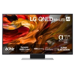 Edestä otettu kuva LG QNED evo QNED85 TV -televisiosta, LG QNED evo Al Logo yläkulmassa. LG QNED evo QNED85 TV -televisiossa näkyy värikkäitä maalikuvioita.2