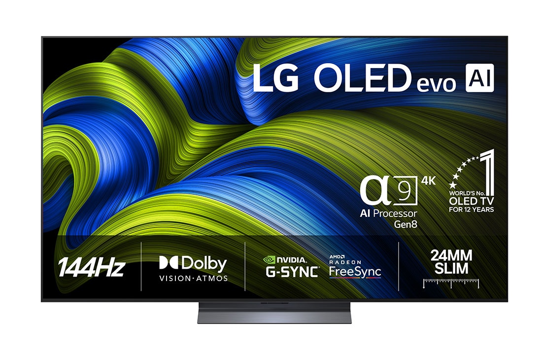 LG 55 tuuman LG OLED evo AI C5 Pro 4K -älytelevisio 2025, Edestä otettu kuva LG OLED evo AI C5 4K -älytelevisiosta. 12 vuotta maailman numero 1 OLED -tunnus ja LG OLED evo AI 2025 -logo ovat näytöllä., OLED55C5ELB