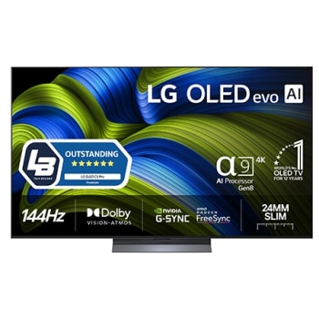 Edestä otettu kuva LG OLED evo AI C5 4K -älytelevisiosta. 12 vuotta maailman numero 1 OLED -tunnus ja LG OLED evo AI 2025 -logo ovat näytöllä.
