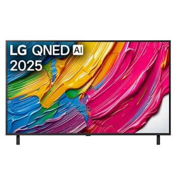 Edestä otettu kuva LG QNED80 TV -televisiosta, LG QNED Al -logo yläkulmassa. LG QNED TV -televisiossa näkyy värikkäitä maalikuvioita.