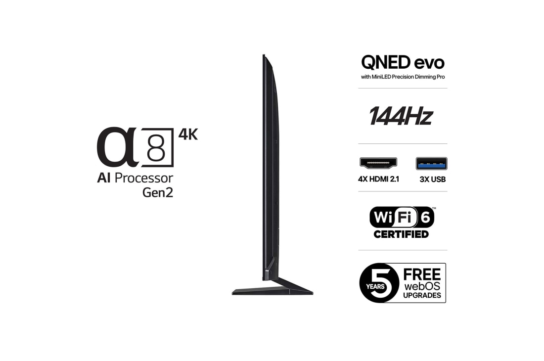 LG 75'' QNED MiniLED AI QNED93 4K Smart TV 2025, Side, 75QNED93A6A, thumbnail 3