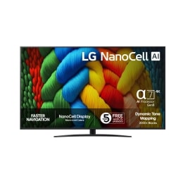 Edestä otettu kuva NanoCell TV -televisiosta, LG NanoCell Al -logo yläkulmassa. LG NanoCell NANO80 TV -televisiossa näkyy värikkäitä maalikuvioita.2