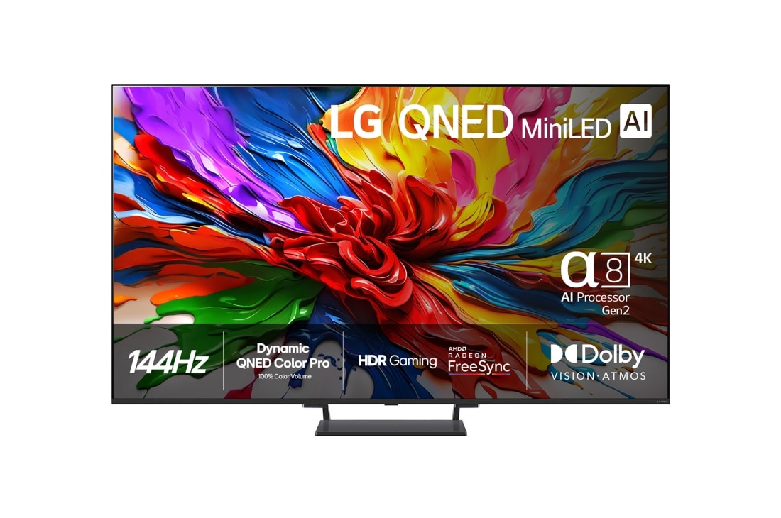 LG 65-tuuman LG QNED evo AI QNED93 MiniLED 4K -älytelevisio 2025, Front View, 65QNED93A6A
