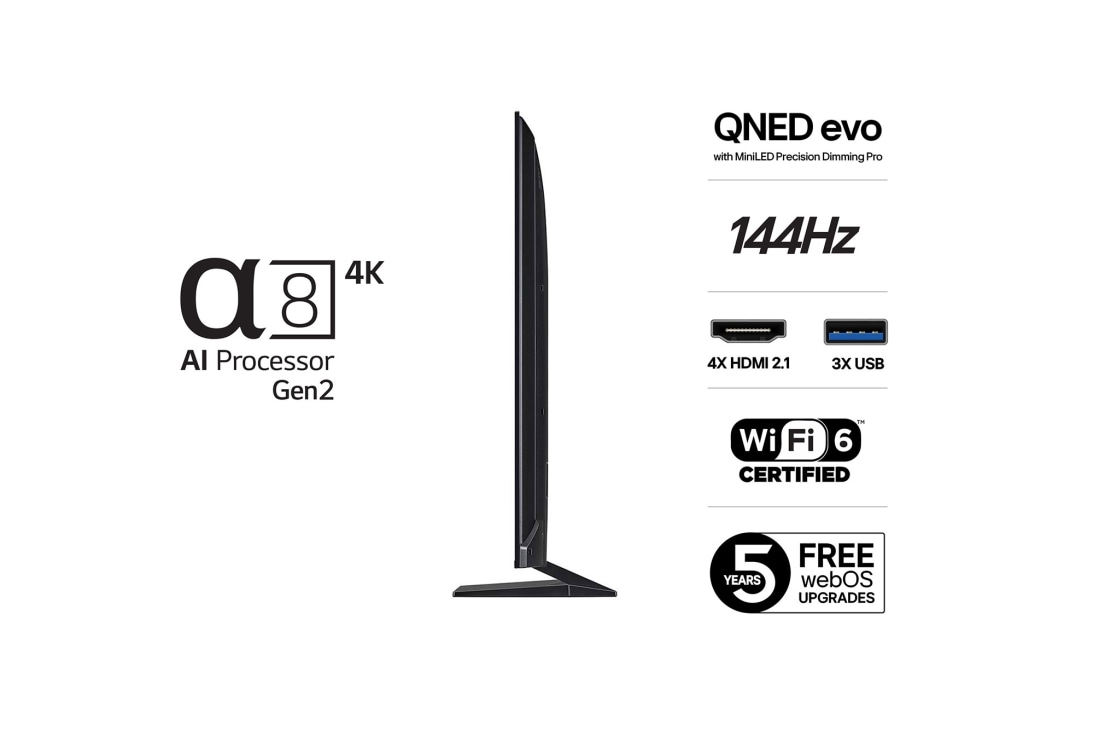 LG 65'' QNED MiniLED AI QNED93 4K Smart TV 2025, Side View, 65QNED93A6A, thumbnail 3