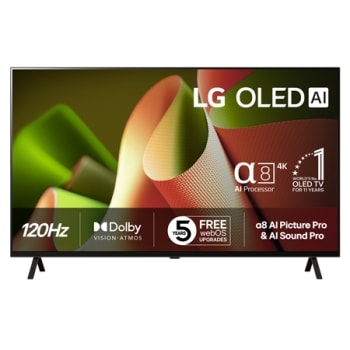 Edestäpäin katsottuna LG OLED TV, OLED B4, 11 Years of World Number 1 OLED Emblem ja alpha 8 4K AI processor logo.1