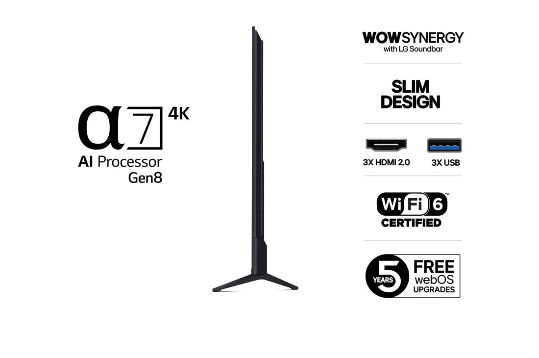 LG 75'' UHD AI UA75 4K Smart TV 2025, Side view, 75UA75006LA, thumbnail 3
