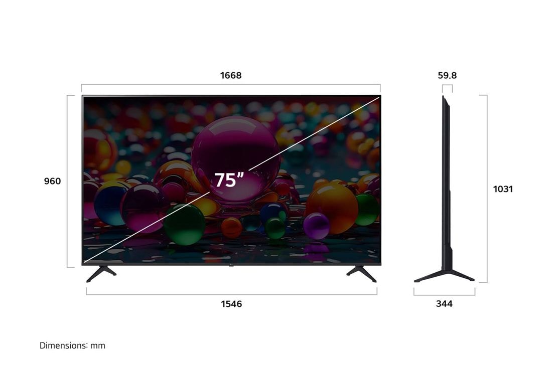 LG 75'' UHD AI UA75 4K Smart TV 2025, Dimension view, 75UA75006LA, thumbnail 4