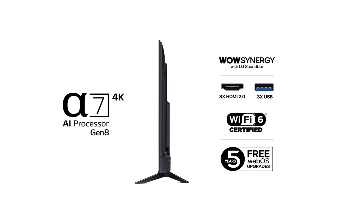 LG 65'' UHD AI UA73 4K Smart TV 2025, Vasemmalta otettu sivukuva LG UHD UA73 TV -televisiosta., 65UA73006LA, thumbnail 3
