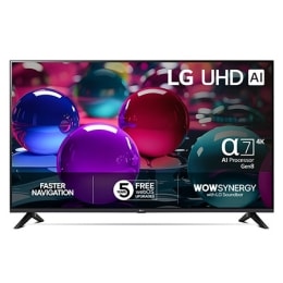 Edestä otettu kuva UHD UA73 TV -televisiosta, LG UHD Al -logo yläkulmassa. LG UHD TV -televisiossa näkyy värikkäitä maalikuvioita.